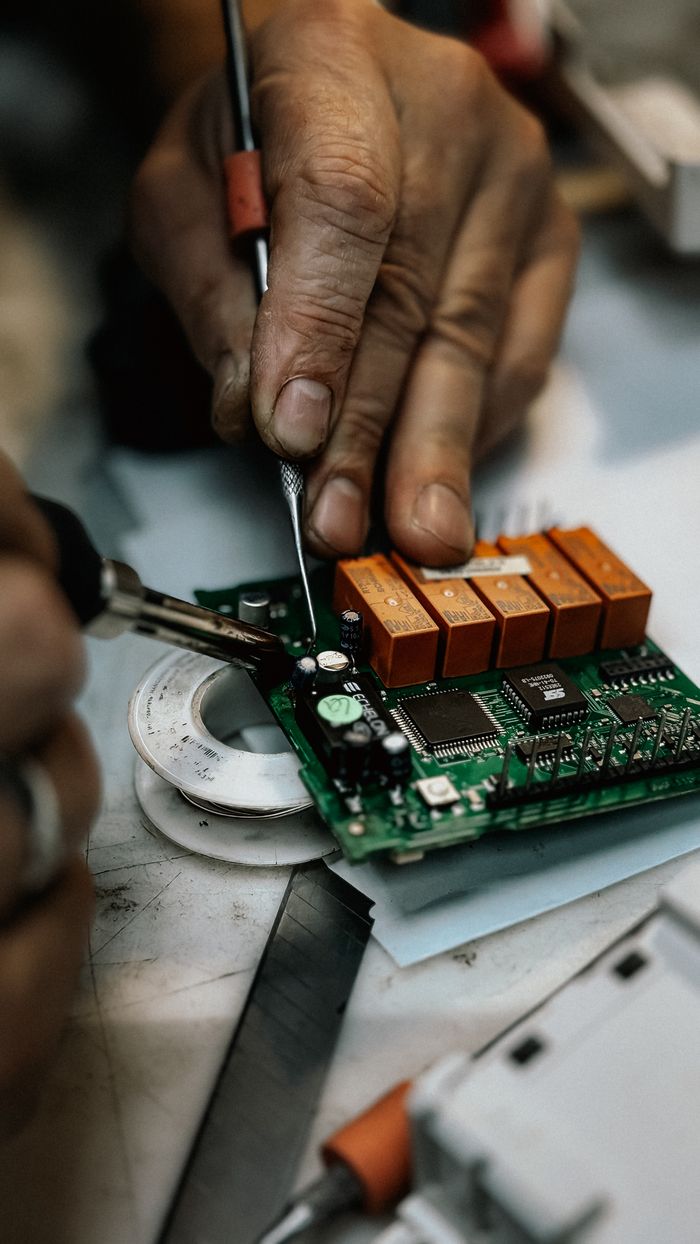 Home Detailed image of hands soldering and repairing an electronic circuit board.